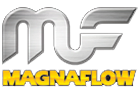 A silver and yellow logo for magnaflow.