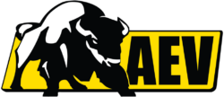 A black and yellow logo of the american bison.