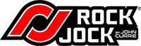 A red and white logo for rock jock 's.